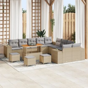 13 darabos kert kanapé szett párnákkal Bézs Poly Rattan Akác, 3 darabos kert étkező szett párnákkal Bézs Poly Rattan Akác