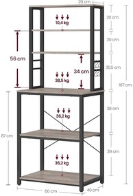 VASAGLE konyhai tárolóállvány, 40 × 60 × 167 cm, greige és fekete színben