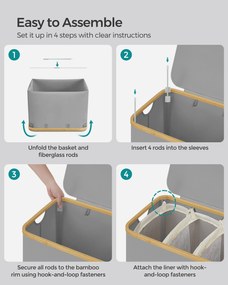 Fedeles, 3 rekeszes mosókosár, 150L, levehető bélés, összecsukható, galambszürke