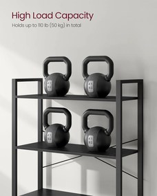 6 szintes magas könyvespolc, szabadon álló polc, acélkeret, fekete