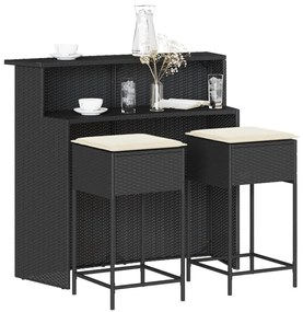 vidaXL 3 részes fekete polyrattan kerti bárszett párnával