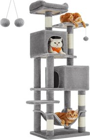 Macska kaparófa, két cicaházzal, pihenőhelyekkel és függőággyal 49×40×150cm, szürke