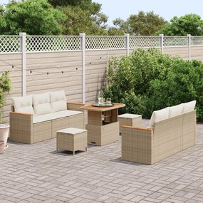 9 Részes Kerti Kanapé Szett Párnákkal Bézs Poly Rattan Akáciával, 3 Részes Kerti Étkező Szett Párnákkal Bézs Poly Rattan Akáciával
