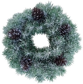 Műanyag koszorú hóval és tobozzal, hossza 28 cm
