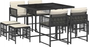 vidaXL 9 részes fekete polyrattan kerti étkezőgarnitúra párnákkal