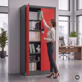Fém irodai szekrény kódzárral, antracit-piros, 900x1850x400 mm: DANIEL