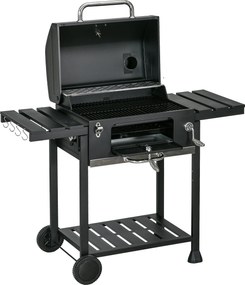 Outsunny Szén-Grill, Kemping Grill Két Grill Rácsos, Összecsukható Oldalasztal, Grill Kocsi Polccal, BBQ Fogantyú, Rozsdamentes Acél, Fekete, 120 x 64
