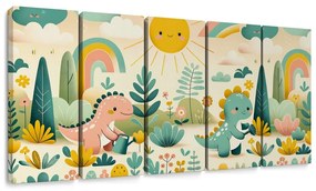 5 részes kép vidám dinoszauruszok szivárványos tájon