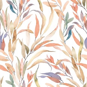 Fehér fali tapéta színes akvarell levelekkel, flizelin tapéta