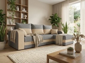 Ágyazható, kétoldalas L alakú kanapé VALERIO 238x140 cm, világosszürke/bézs színű + 2 db díszpárna INGYEN