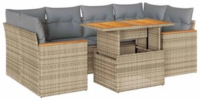 6 részes bézs polyrattan akácfa kerti ülőgarnitúra párnával