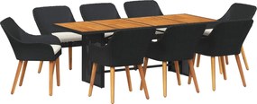 vidaXL Kert étkező szett párnával 9 pcs Fekete polirattan