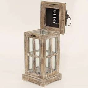 Fából készült fa keretes üvegezett fém fedelű lantern lámpás akasztóval 45x15,5x15,5cm