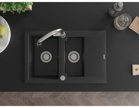 Mexen Gaspar, 1,5 kamrás gránit mosogató 737x475x177 mm és Elia mosogató csaptelep, fekete-ezüst metál, 6507-73-670101-00