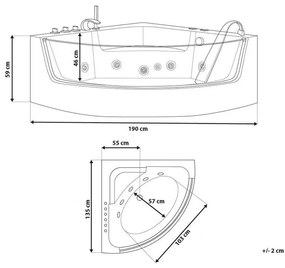 Fehér whirlpool masszázskád LED világítással 190 x 135 cm MARINA Beliani