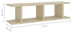 2 db sonoma tölgy színű szerelt fa fali polc 75 x 18 x 20 cm