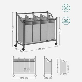 Szennyeskosár görgőkkel, 4 kivehető táskával, mosodai kocsi 4 x 35L, szürke