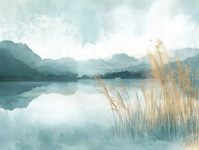 Vászonkép Canvas Tájkép Hegyek Tó Nád Köd 100x75