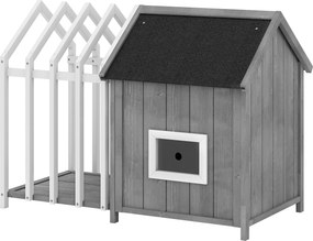 PawHut Kültéri Fa Kutyaotthon Terasszal és Méretes Kerítéssel, Sliding Doorral és Csúcsos Bitumen Tetővel, Kertbe, Udvarra, Teraszra, 106 x 62.5 x 80.