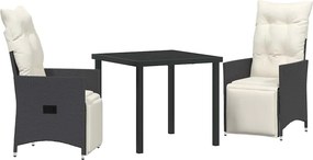 vidaXL Kert étkező szett párnával 3 pcs Fekete polirattan