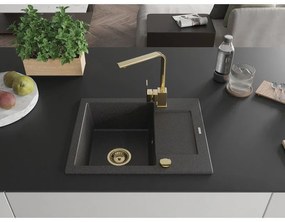 Mexen Enzo, gránit mosogató 576x465x174 mm, 1 kamrás és arany csaptelep Rita, fekete foltos, 6506-76-670300-50