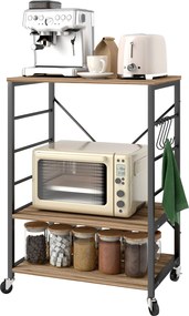 HOMCOM 3-Szintes Ipari Stílusú Konyhai Polc, Mikrohullámú Sütő és Tálalókocsi Kerekekkel és 4 Akasszal, Acél Szerkezet, Nappalihoz és Könyvtárhoz, 60x