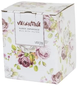 Porcelán teás bögre tetővel és fémszűrővel 430 ml leveles