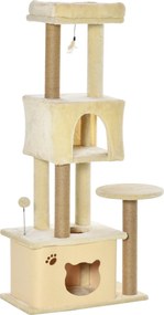 PawHut Nagy Macskakaparó Fa 60x34x136 cm Macska Fa Platformokkal, Plüss Barlangokkal, Levehető Jutaoszlopokkal és Felfüggesztett Labdával Beige | Aoso