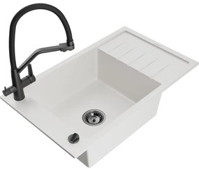 Mexen Elias 1 rekeszes gránit mosogató csepegtetővel és Duo konyhai csapteleppel, fehér - 6511-20-671701-70-B