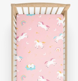 Goldea gyermek körgumis pamut lepedő kiságyba - vidám egyszarvúak 70 x 140 cm