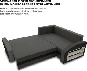 Grande sarokkanapé polcokkal , polc a jobb karfaban, jobboldali, szövet anyag, hab töltet, szürke - fekete