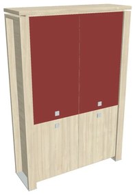 Verno+ magas szekrény 140 x 46 x 210 cm, kombinált ajtó, akác / piros
