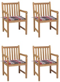 vidaXL 4 db tömör tíkfa kerti szék piros kockás párnákkal