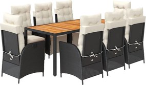 vidaXL 9 részes fekete polyrattan kerti étkezőgarnitúra párnákkal