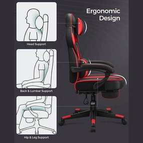 Ergonómikus szék, állítható irodai szék lábtartóval, fekete-piros