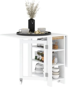 HOMCOM Összecsukható Asztal Kibővíthető Szárnyakkal Étkezőasztal Összecsukható Konyhai Asztal 2 Kerekekkel és Polcokkal Modern Stílus 120x60x75 cm Feh