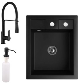 Gránit Mosogató NERO Parma + kiemelhető zuhanyfejes Vegas mosogató csaptelep + adagoló + szifon (matt fekete)