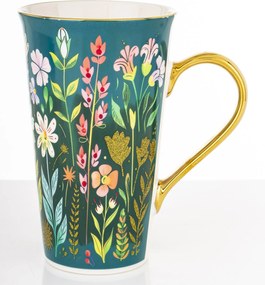 Glamour porcelán bögre 700 ml nagy, arany füllel, virág motívummal