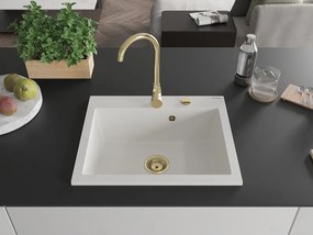 Mexen Elix gránit mosogató 1-medencés 600 x 500 mm, fehér, arany szifon - 6525601005-20-G