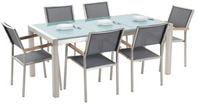 Hatszemélyes étkezőasztal repedezett osztott üveglappal és szürke textilén székekkel GROSSETO Beliani