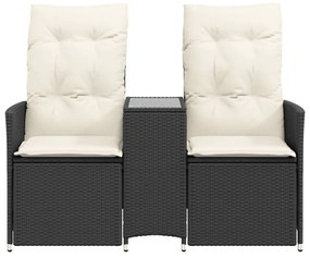 2 személyes fekete polyrattan dönthető kerti kanapé asztallal