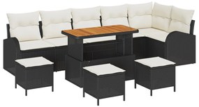 10 Darabos Kerti Kanapé Szett Párnákkal Fekete Poly Rattan Akáccal, 2-Fős Kerti Kanapé Tárolóval &amp; Párnákkal Fekete Poly Rattan, 4 Darabos Kerti Étkező Szett Párnákkal Fekete Poly Rattan Akáccal