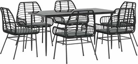 vidaXL 7 részes fekete polyrattan üveg kerti étkezőgarnitúra párnákkal