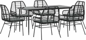vidaXL 7 részes fekete polyrattan üveg kerti étkezőgarnitúra párnákkal
