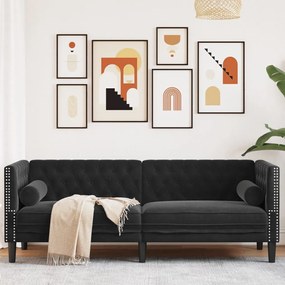 3 személyes fekete bársony Chesterfield kanapé hengerpárnákkal