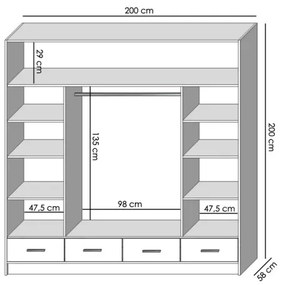SANNA gardróbszekrény tükörrel, 200x215 cm, sonoma tölgy