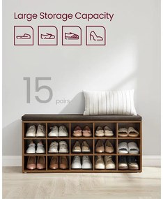 VASAGLE Cipőtartó pad, tárolós pad párnázott ülőfelülettel 30 × 105 × 48 cm, rusztikus barna színben