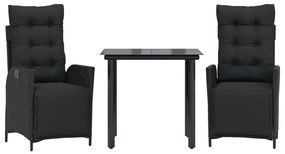 3 részes fekete polyrattan kerti étkezőgarnitúra párnákkal