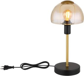 Globo 21914A Asztali lámpa fém fekete matt, fém arany színű csiszolt, borostyán színű üveg búra, fekete PVC kábel, érintő kapcsoló, ø: 150mm, M: 320mm, kábel hossza 1500mm, 1x E14 25W 230V izzó nélkül