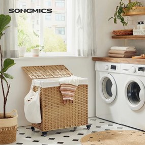 Kézzel fonott rattan stílusú szennyeskosár 3 rekesszel 140L, natúr